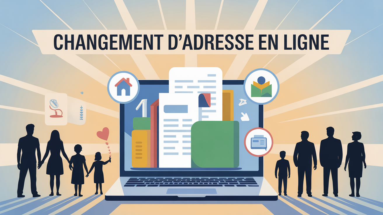 Changement d adresse en ligne illustration ordinateur service public Changement d adresse en ligne ordinateur et icones service public