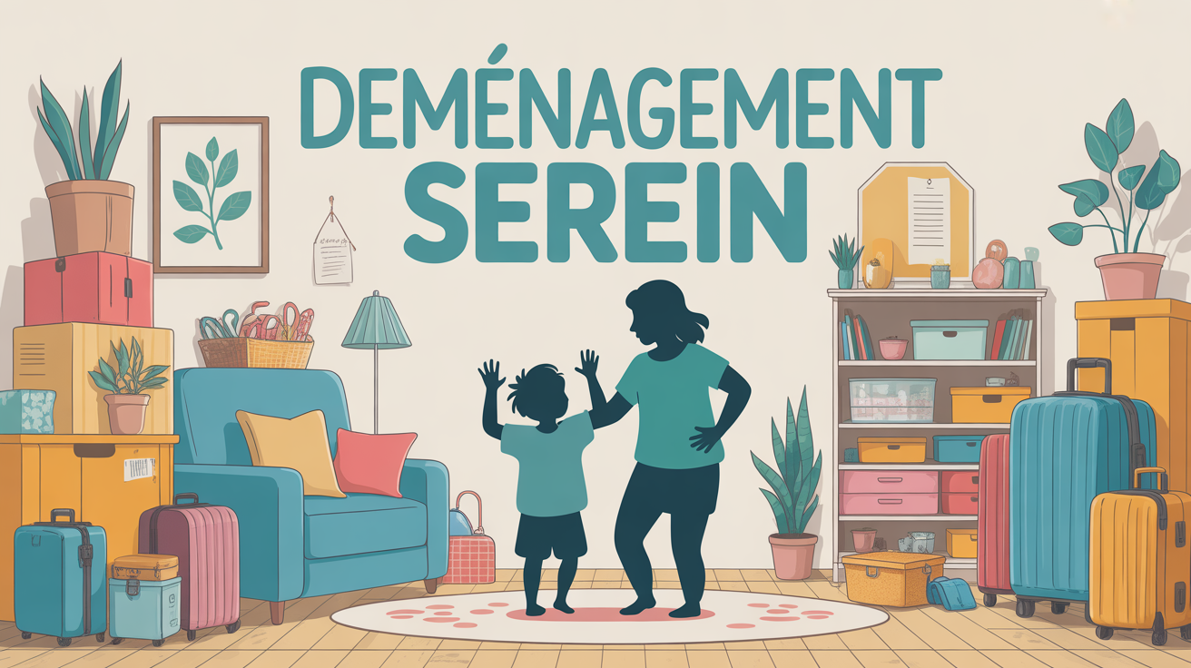 Demenagement serein salon cartons valises plantes Scene chaleureuse demenagement serein avec cartons valises