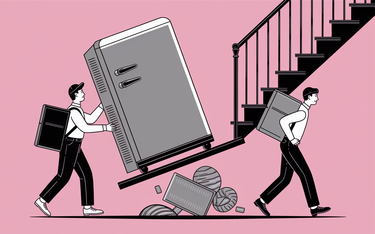 livreurs installant frigo americain sur sol fragile