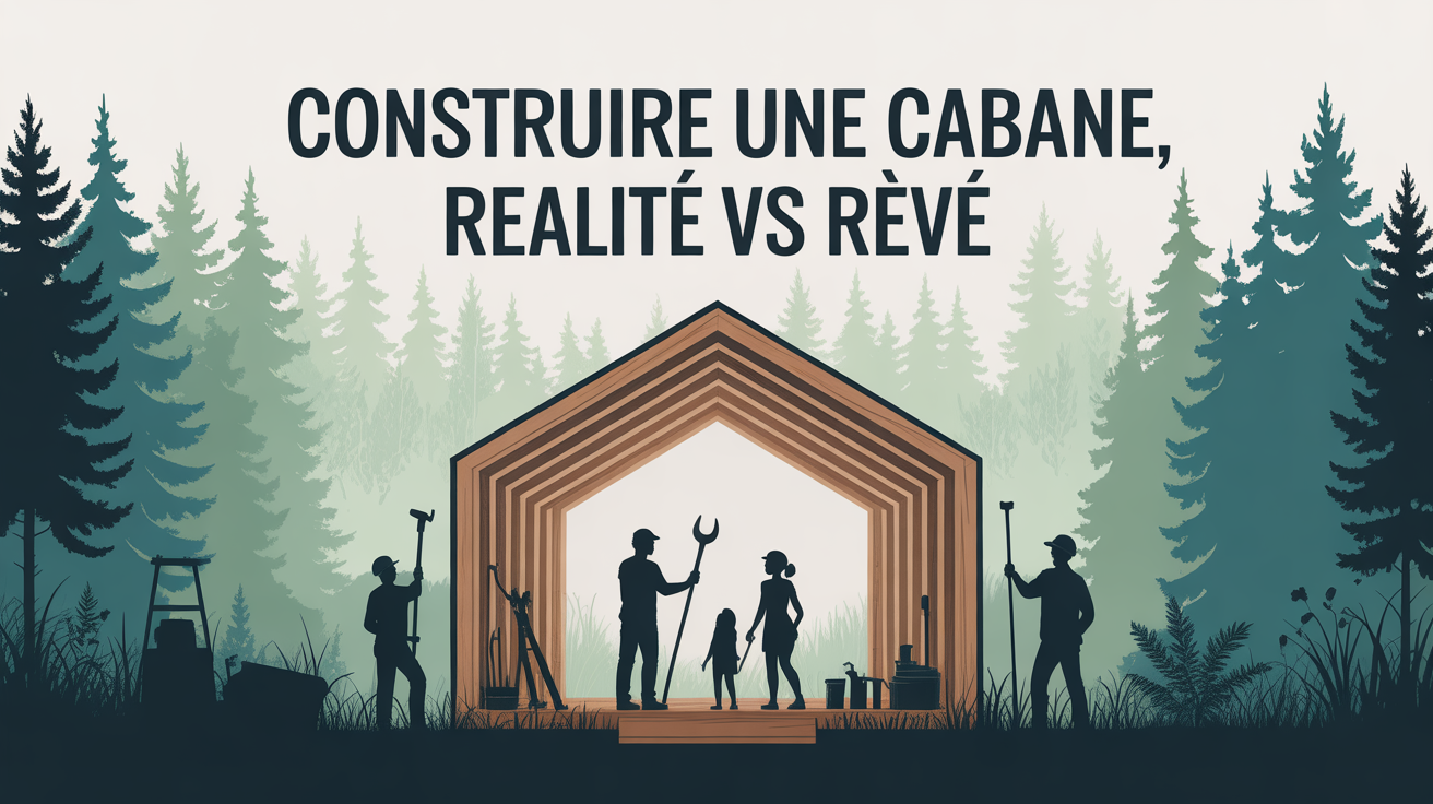 Construire une cabane realite vs reve Famille et ouvriers devant cabane bois, construction sauvage