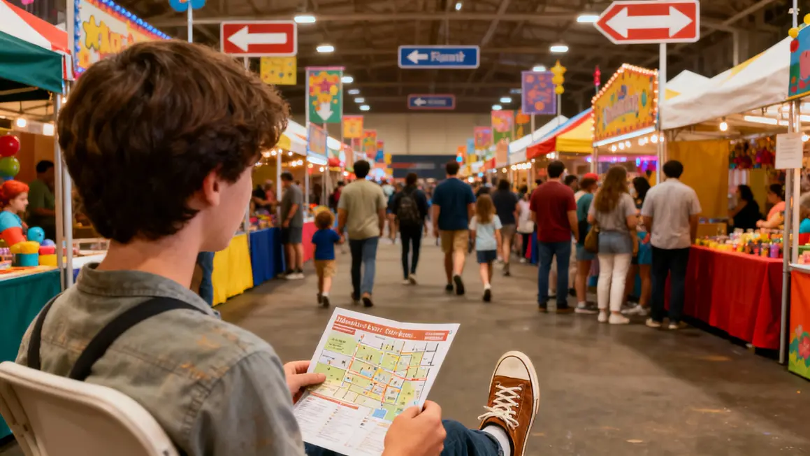 Stands vide grenier avec chineur plan site