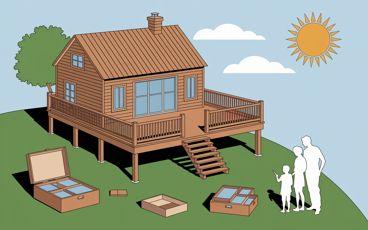 Terrasse sur pilotis kit posé pelouse inclinée avec famille et pièces