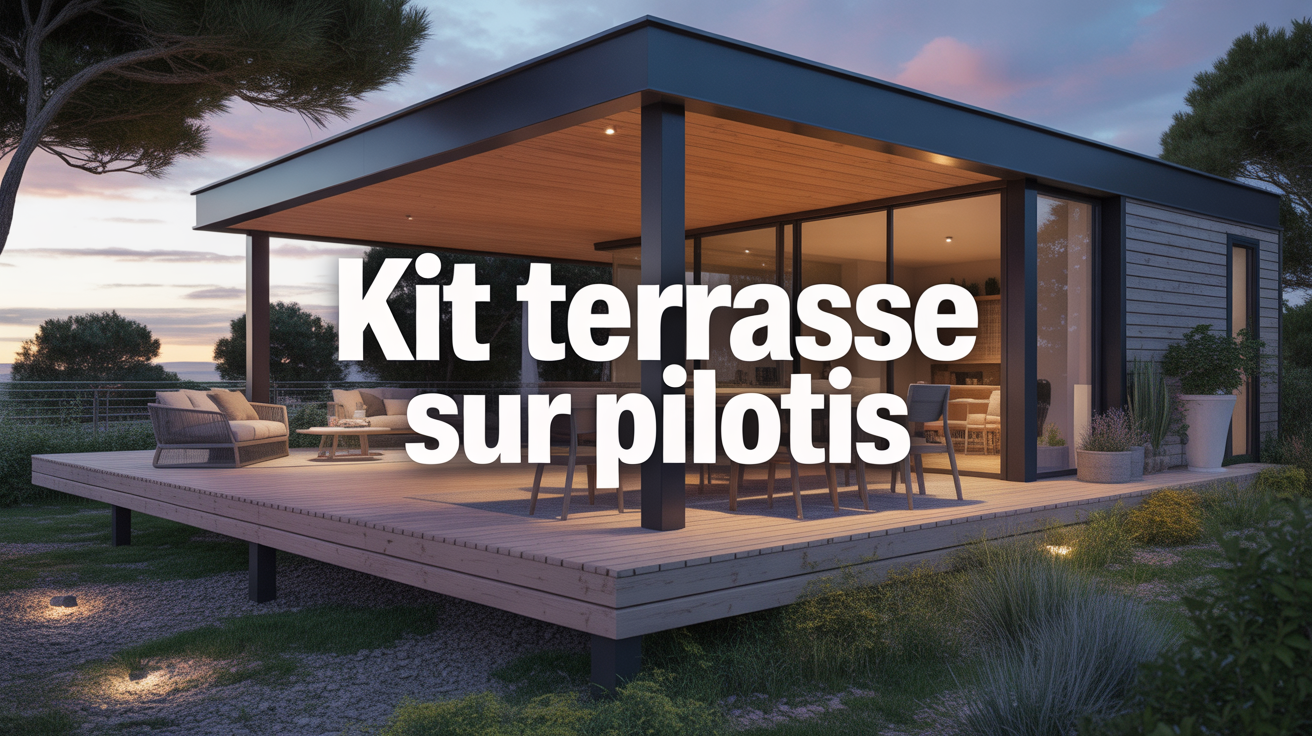 Kit terrasse sur pilotis vue d’ensemble moderne bois Terrasse sur pilotis moderne bois avec balustrade sur terrain en pente