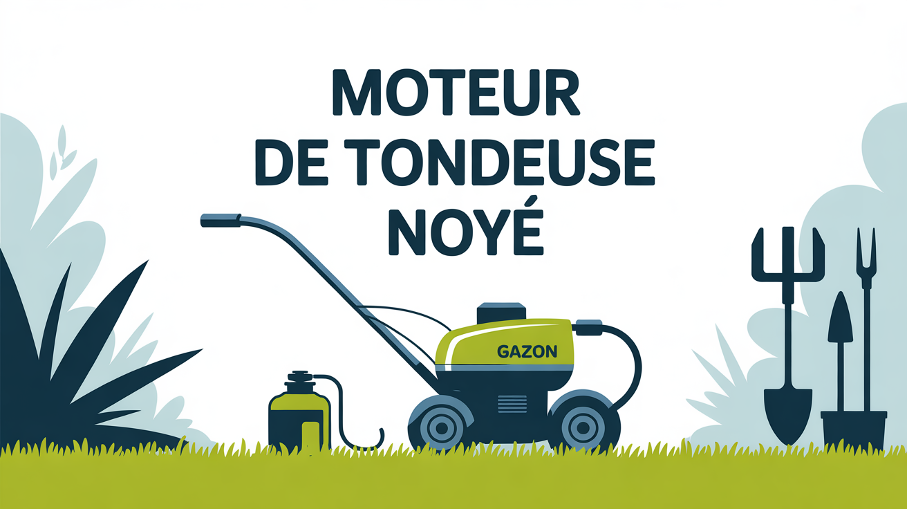 moteur de tondeuse noye illustration pelouse essence outils jardinage illustration moteur de tondeuse noye sur pelouse avec depot d'essence et outils