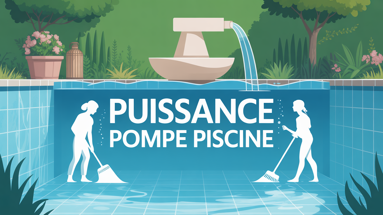 Puissance pompe piscine vue schéma filtration bassin Vue plongeante piscine, schéma pompe et tuyaux, texte 'Puissance pompe piscine'