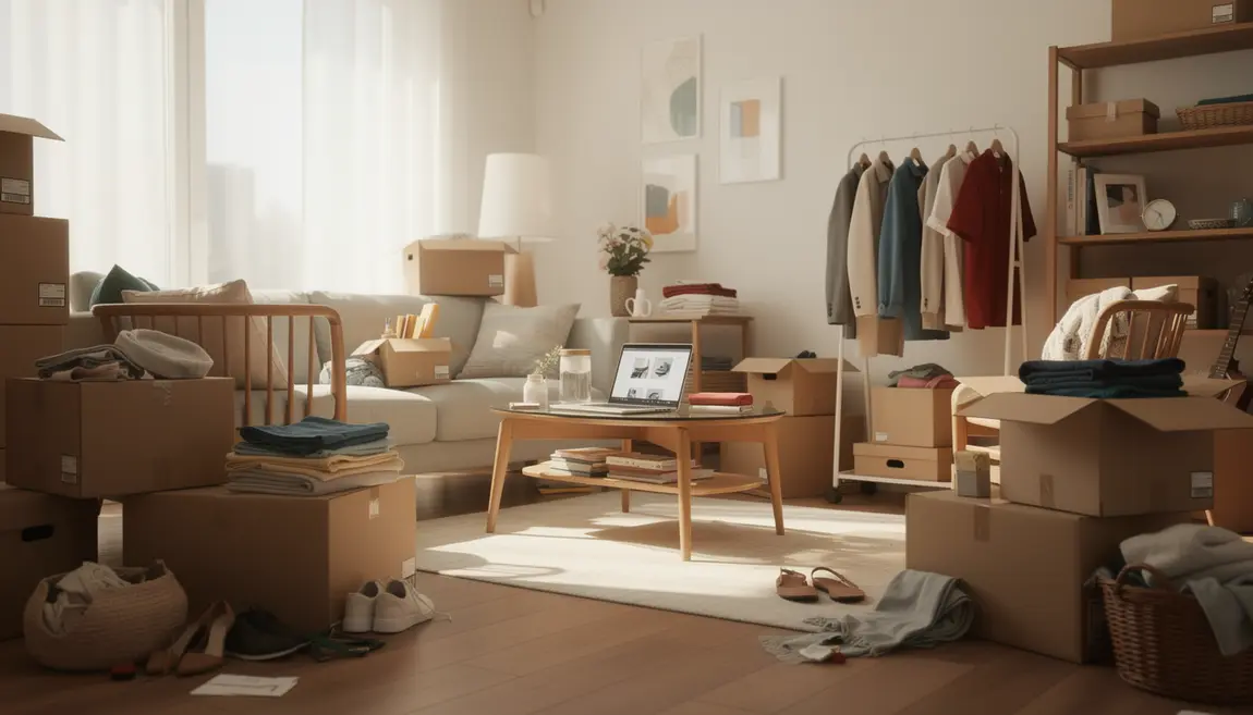 Revente en ligne debarras rapide salon et objets à vendre Salon rempli d'objets prêts pour revente en ligne