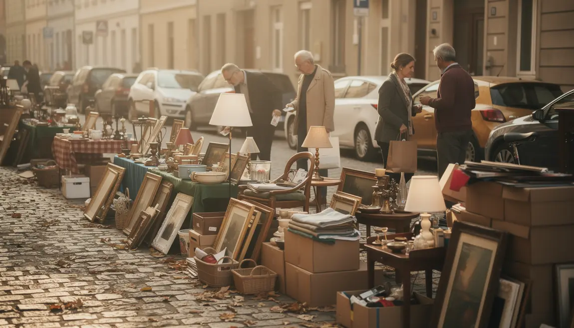 Scène vide grenier chineur ambiance conviviale Visiteurs chineurs dans une rue animée de vide grenier