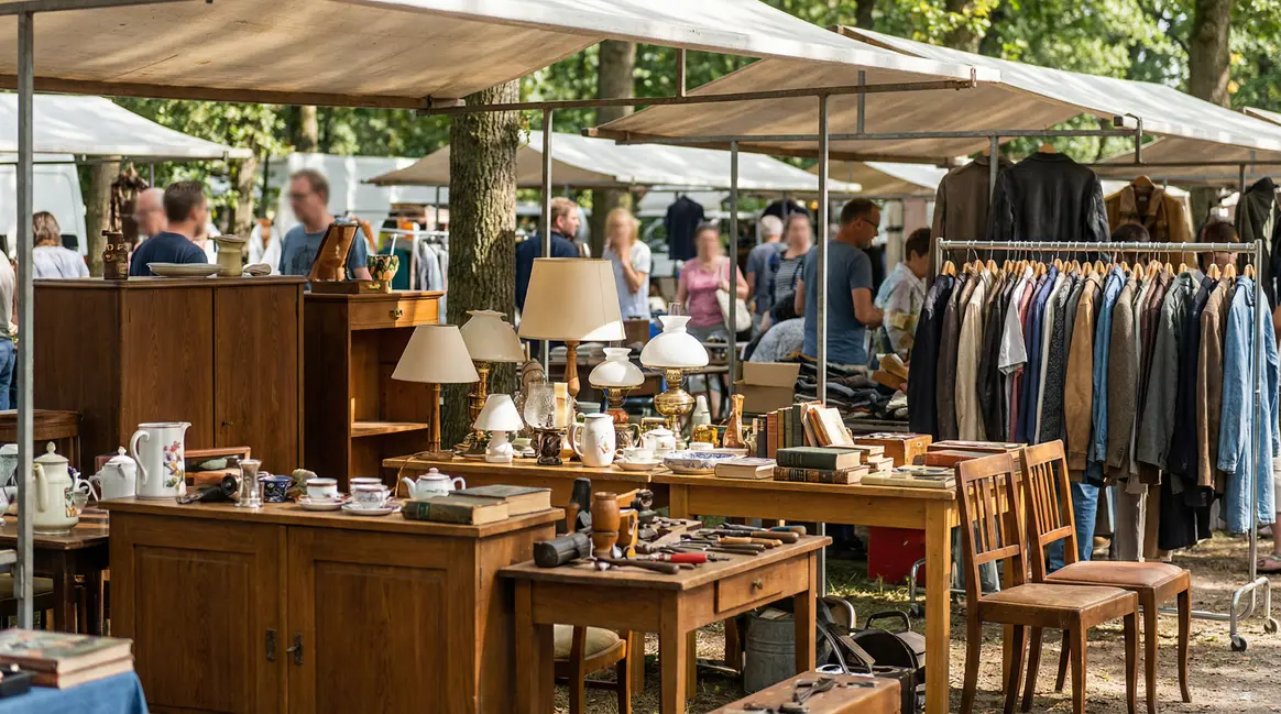 Stand vide maison brocante objets de valeur convivial Stand brocante, objets de valeur, ambiance extérieure conviviale