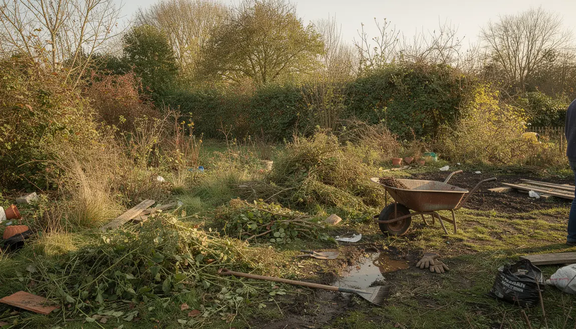 Vue panoramique de jardin encombré en cours de débroussaillage Jardin encombré avec végétation dense et outils de débroussaillage