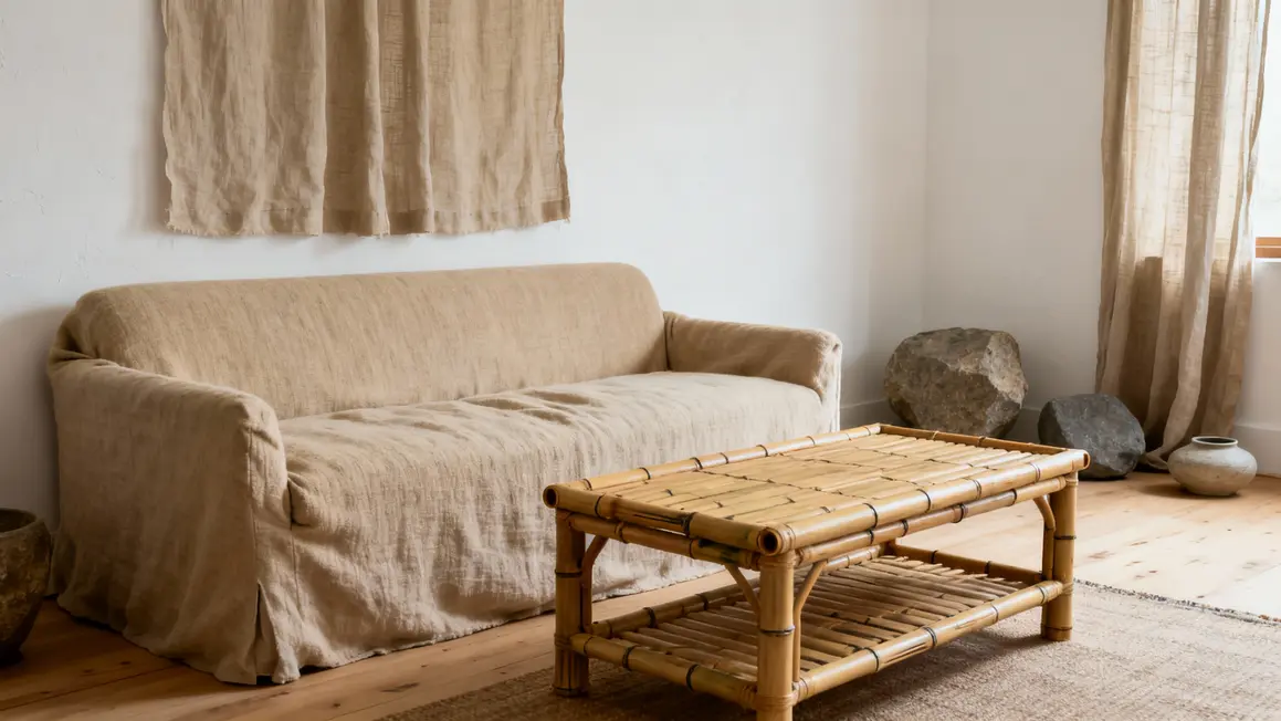 Canapé laine Japandi table bambou déco matières naturelles