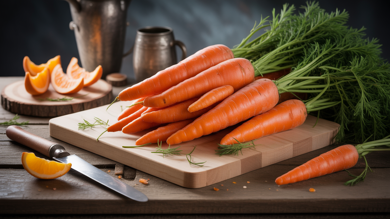 Couper en biseau carottes fraiches planche bois Carottes coupe en biseau planche bois