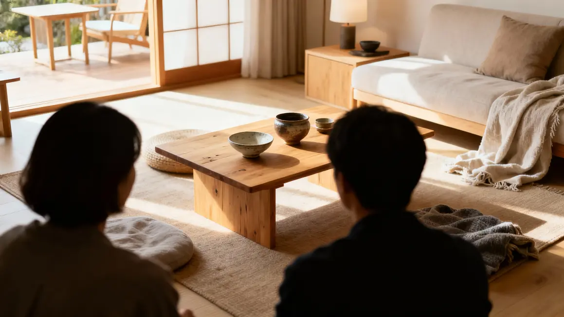 Salon Japandi bois clair ambiance paisible luminieuse épurée