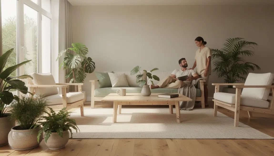 Salon lumineux eco design mobilier minimaliste bois recycle plantes vertes couleurs douces Salon eco design lumineux minimaliste plantes vertes