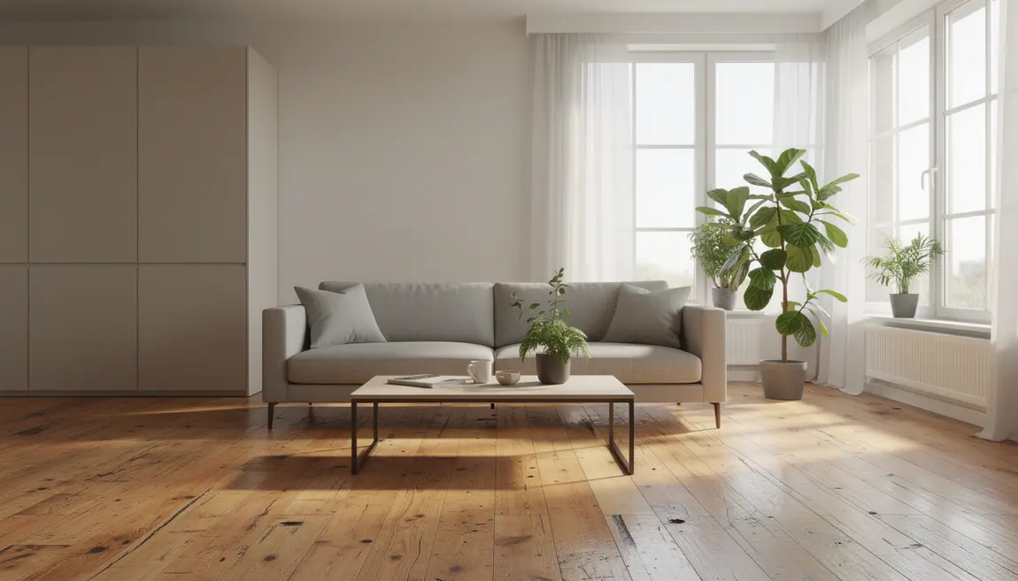 Salon minimaliste lumineux bois naturel plantes vertes Salon minimaliste avec bois naturel et plantes vertes