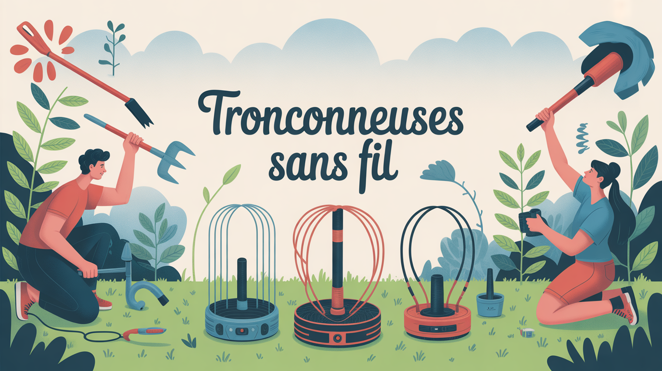 Tronçonneuse sans fil stylisée jardin Tronçonneuse sans fil illustrée dans un jardin