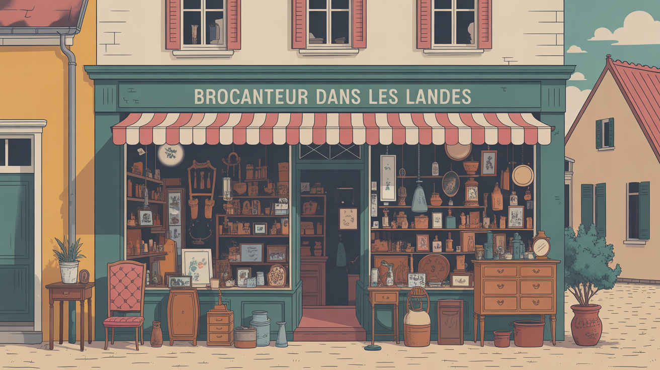 Brocanteurs Landes devant boutique brocante stylisee