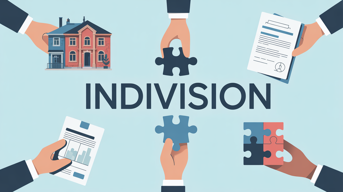 Combien de temps pour sortir de l’indivision illustration main bien immobilier Illustration stylisée combien de temps pour sortir de l'indivision mains bien immobilier