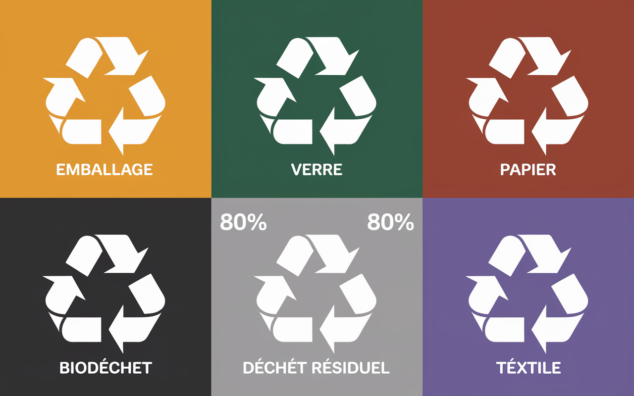 Diagramme couleur poubelle tri selectif avec pictogrammes
