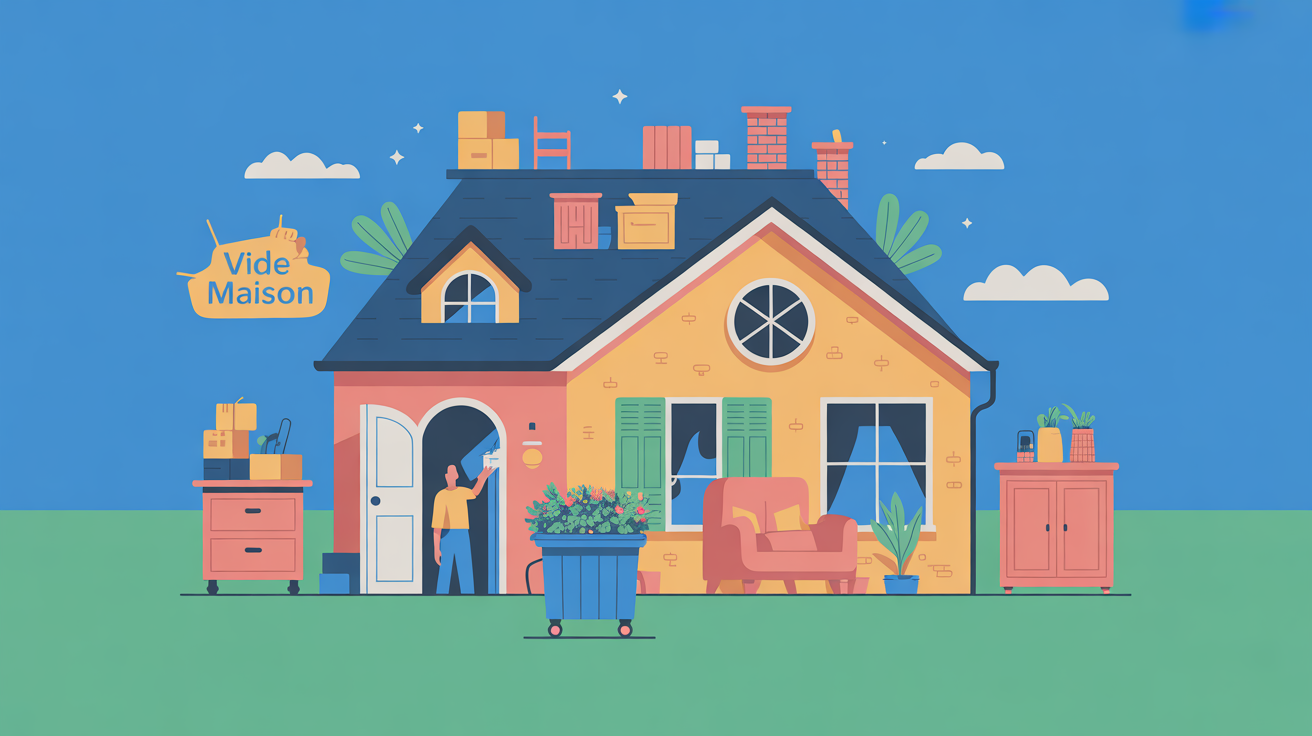Vide maison 37 illustration tri et débarras Illustration stylisée vide maison 37 tri cartons meubles